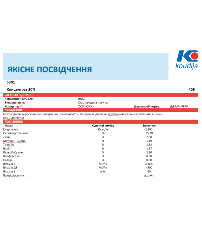 Стартер, гровер для курей несучок Концентрат 30% (25кг) Коудайс Україна 7600.300 (5301)