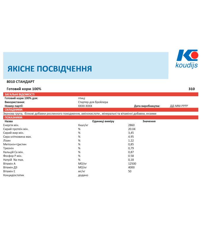 Комбікорм Стартер для бройлерів Ферма (0-18д) (25кг) Коудайс 6640 (8010)